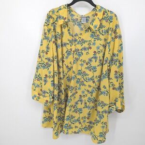 Catherines Button Down Blouse Womens Plus 4X Yellow Floral Stretch Tunic Top